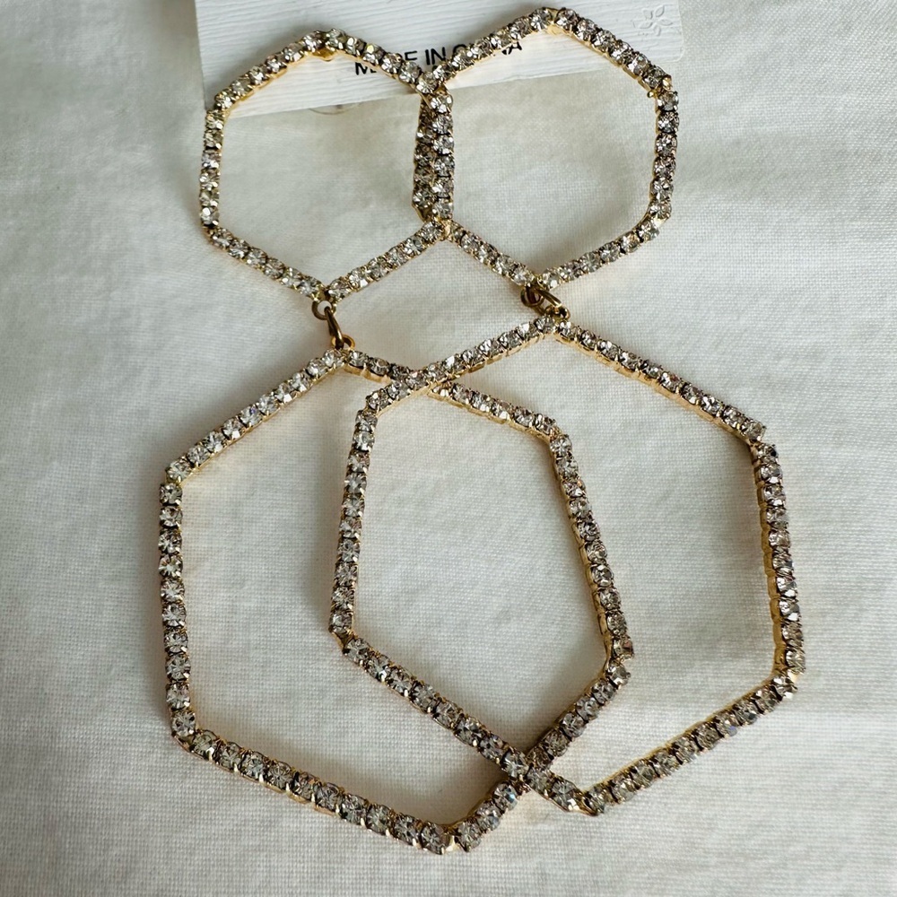 Pave Crystal Geometric Drop Earrings Gold Tone